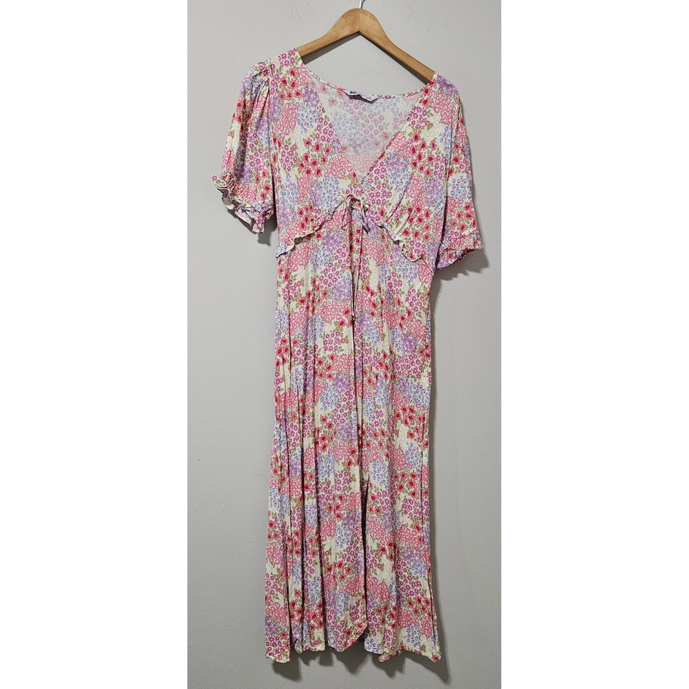 SO Floral‎ V-Neck Midi Dress Pink Purple Short Puff Sleeve Rayon XL